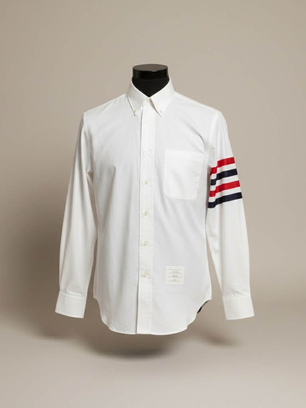 Thom Browne White Button-Down Shirt with Red & Navy Sleeve Stripes